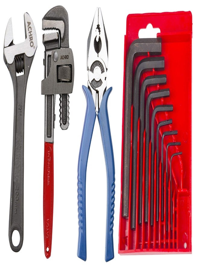 ACHRO Hex 12 Pieces Tool Kit Set for General Use (8 Inch Adjustable Spanner & 10 Inch Pipe Wrench, 8 Inch Combination Plier+ 9Pcs Allen Key Set) - Image 1
